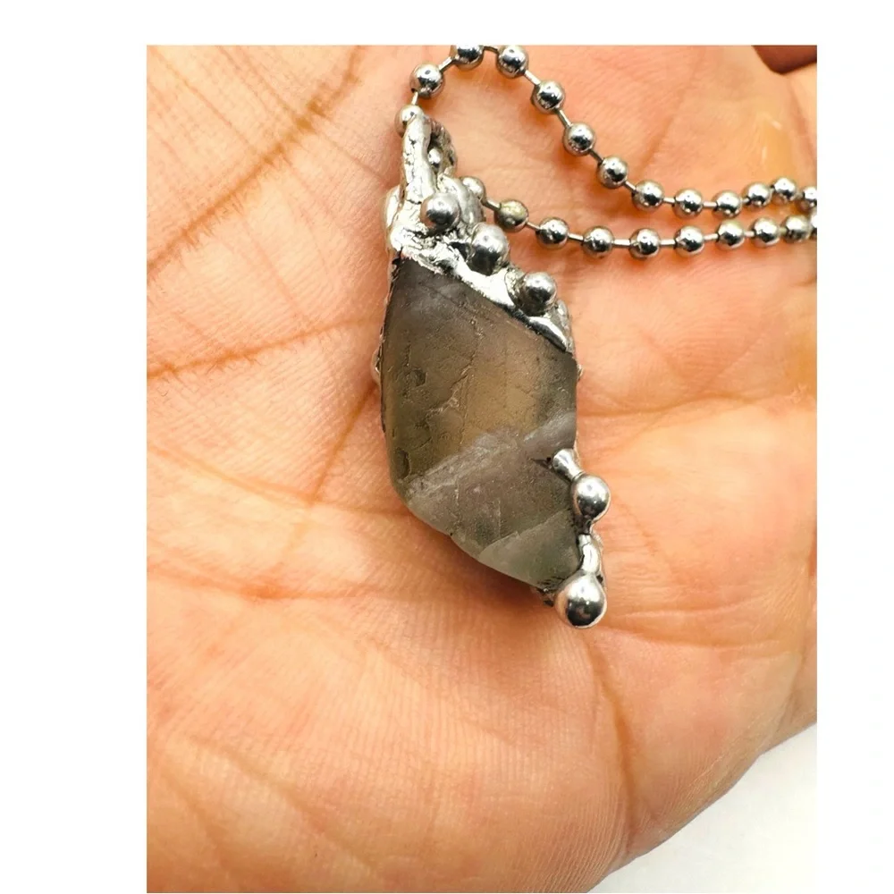 Green Fluorite Pendant Necklace With Artisan Metalwork Halo Bezel On Ball Chain - Picture 7 of 12